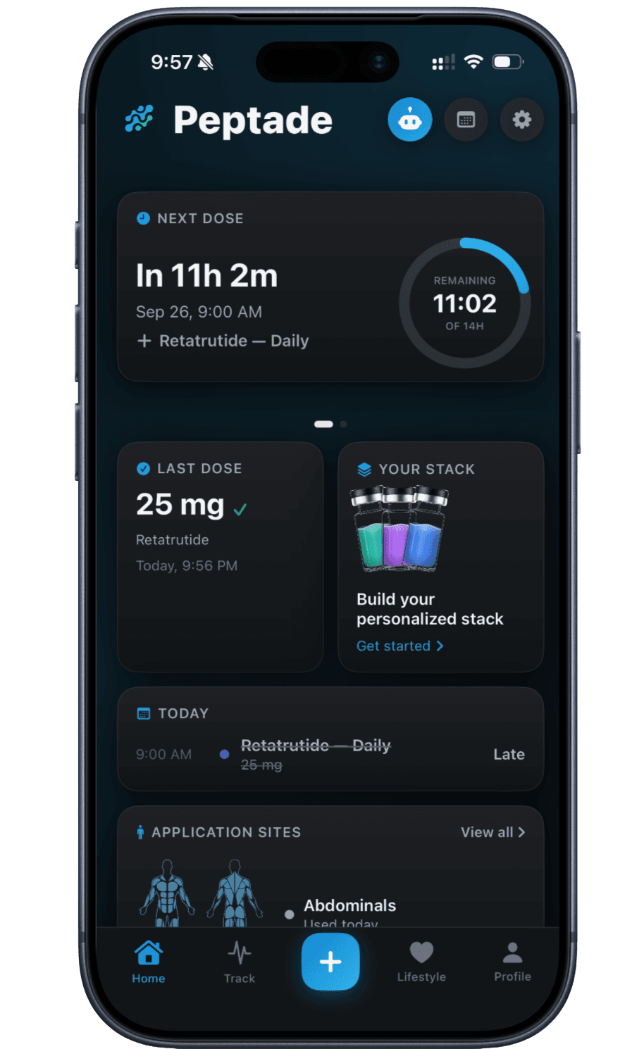 Peptade Home screen: a countdown to the next scheduled dose, the last dose logged, your stack, today's schedule and application sites on a body map