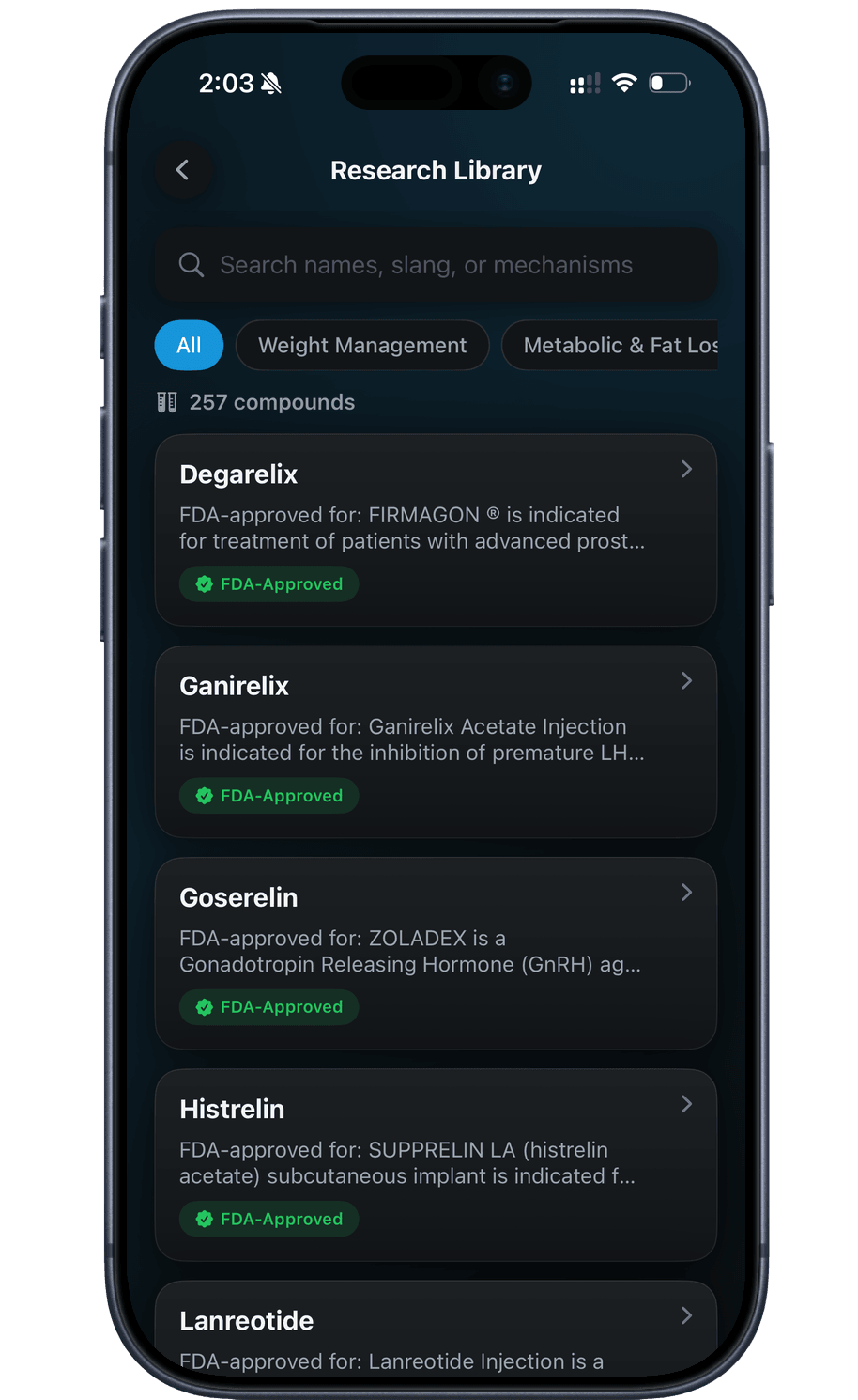 Peptade Research Library: compound profiles you can search by name, slang or mechanism, filtered by category, each with its U.S. regulatory status