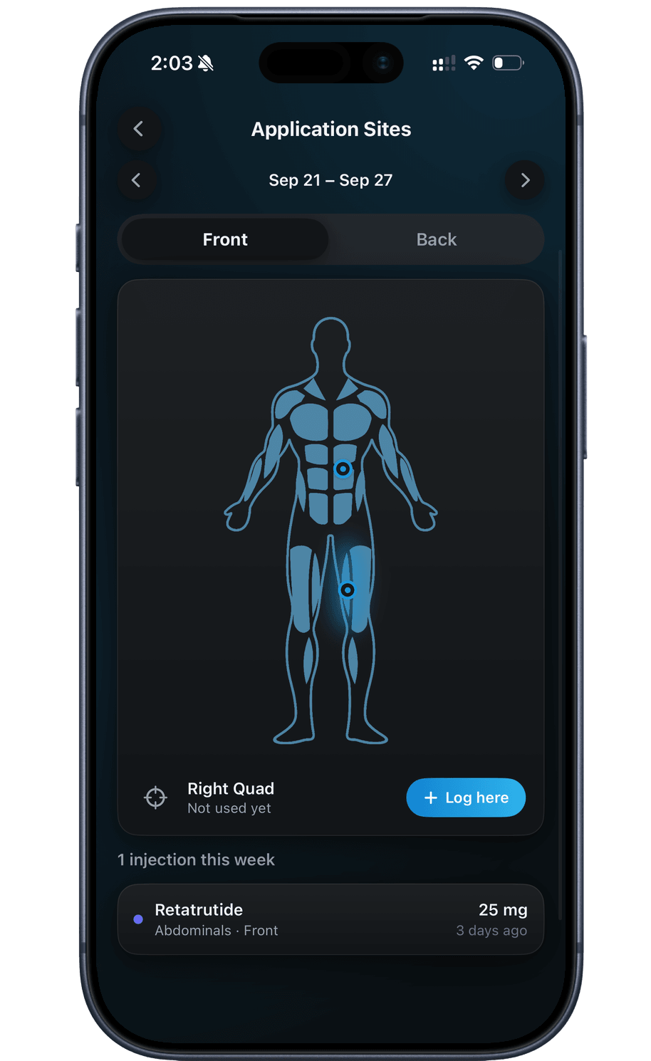 Peptade Application Sites screen: the week's injection sites on a front and back body map, when a site was last used, and the week's injections
