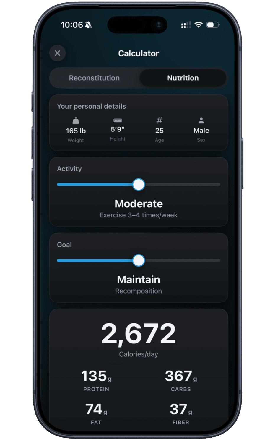 Peptade nutrition calculator: daily calories with protein, carb, fat and fiber targets from weight, height, age, activity and goal