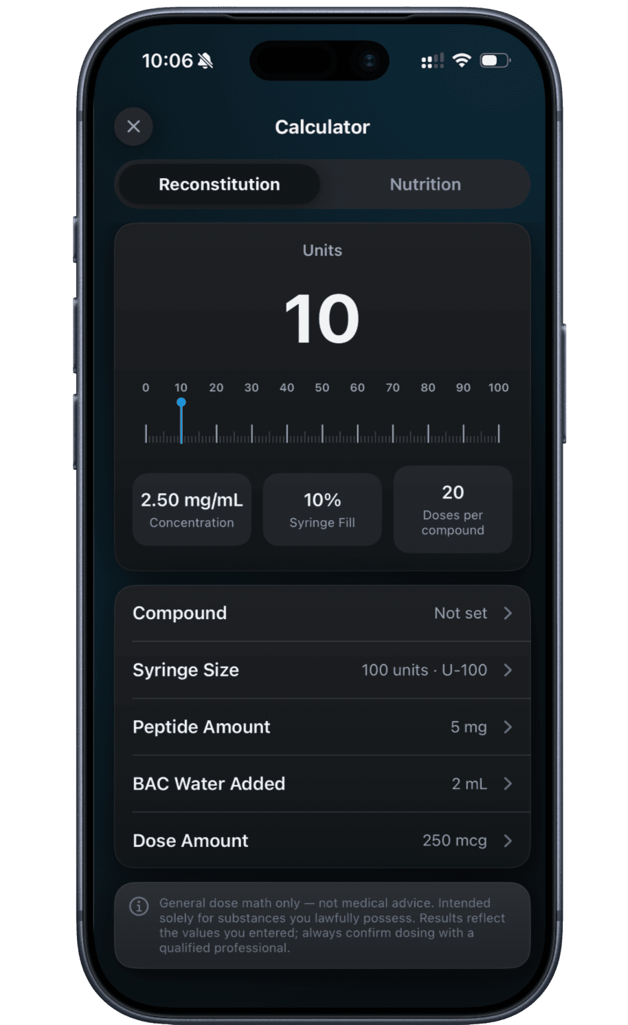 Peptade reconstitution calculator: syringe units on a U-100 ruler, with concentration, syringe fill and doses per compound worked out from the values entered
