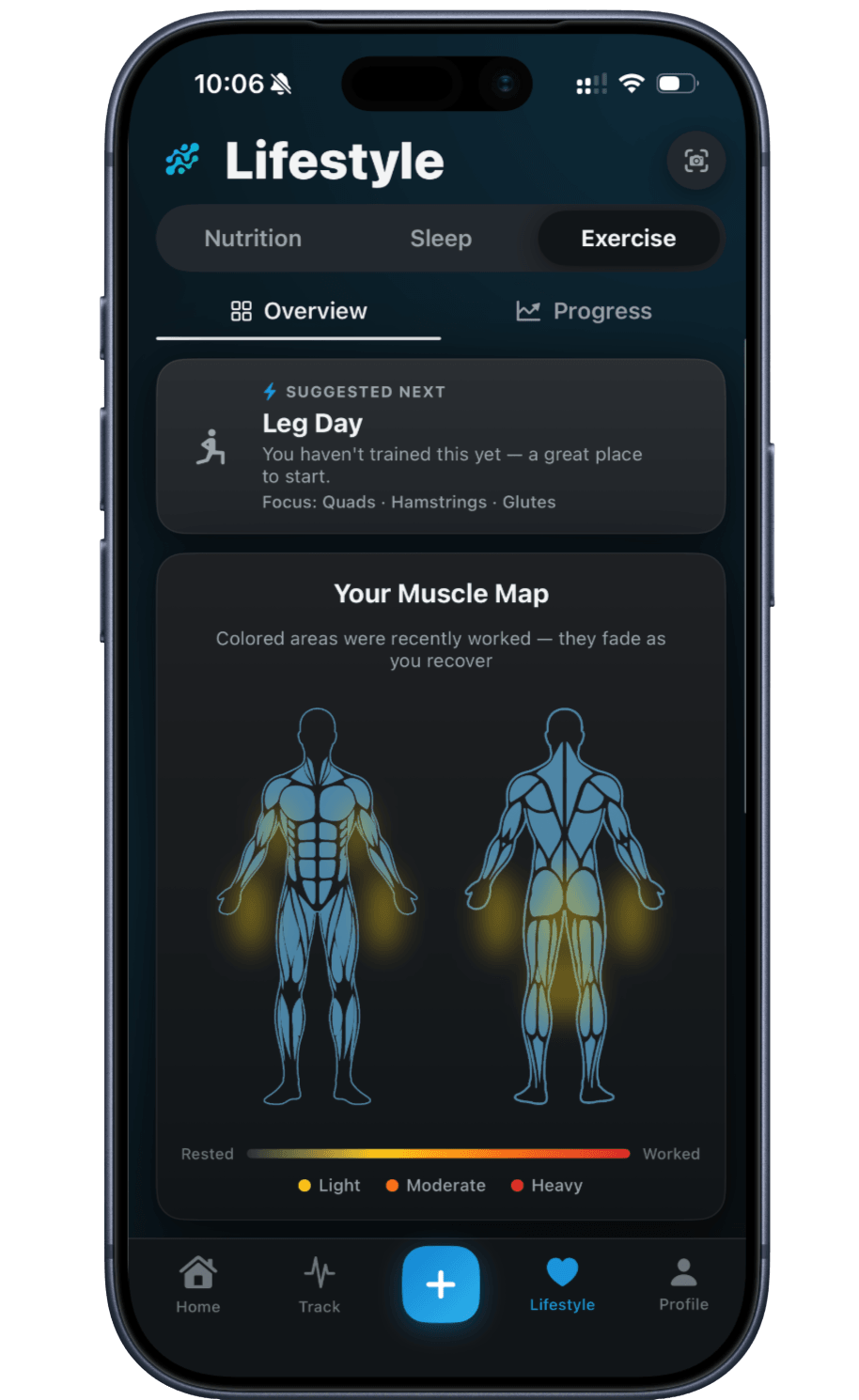 Peptade Lifestyle exercise screen: a suggested next workout and a front and back muscle map of recently worked areas