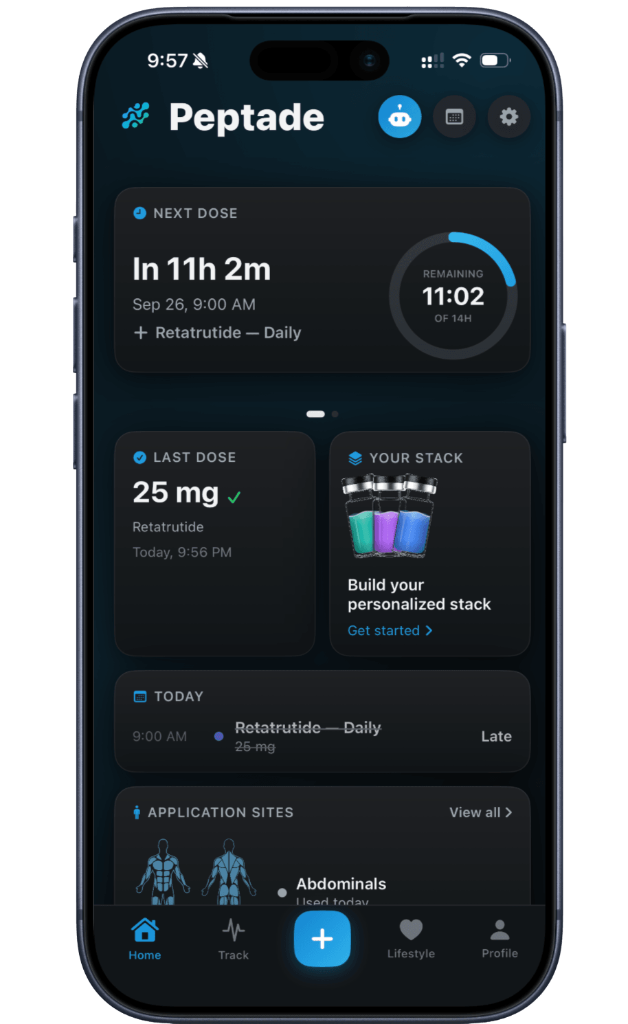Peptade Home screen: a countdown to the next scheduled dose, the last dose logged, your stack, today's schedule and application sites on a body map