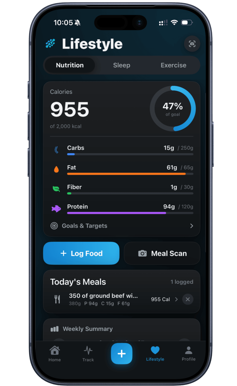 Peptade Lifestyle nutrition screen: calories against a daily goal, carb, fat, fiber and protein progress, and today's logged meals