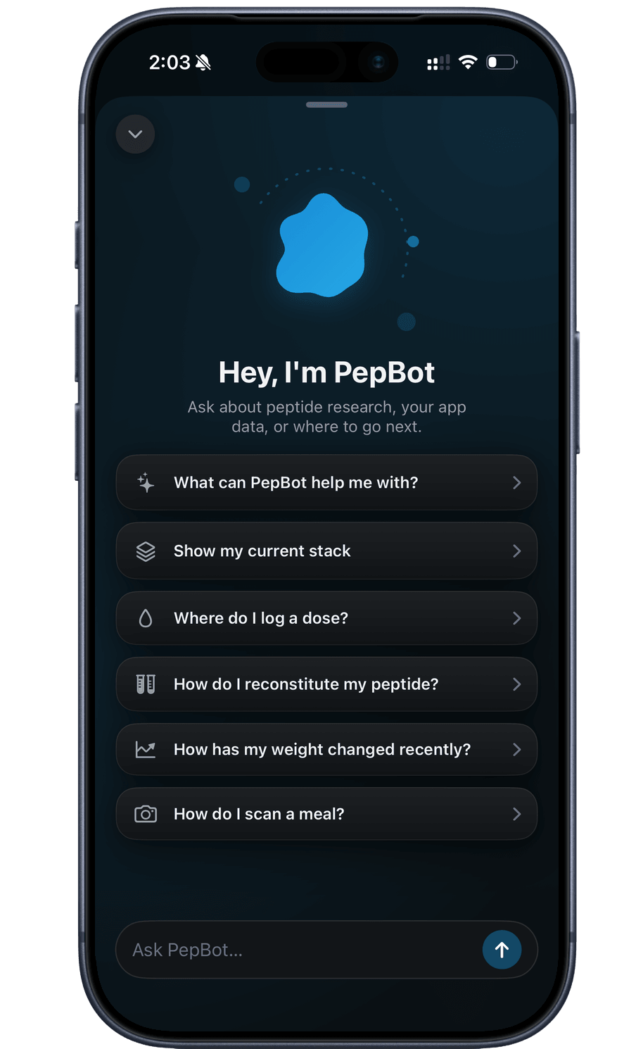 PepBot, Peptade's in-app research assistant, with suggested questions about your stack, logging, reconstitution, weight and meals