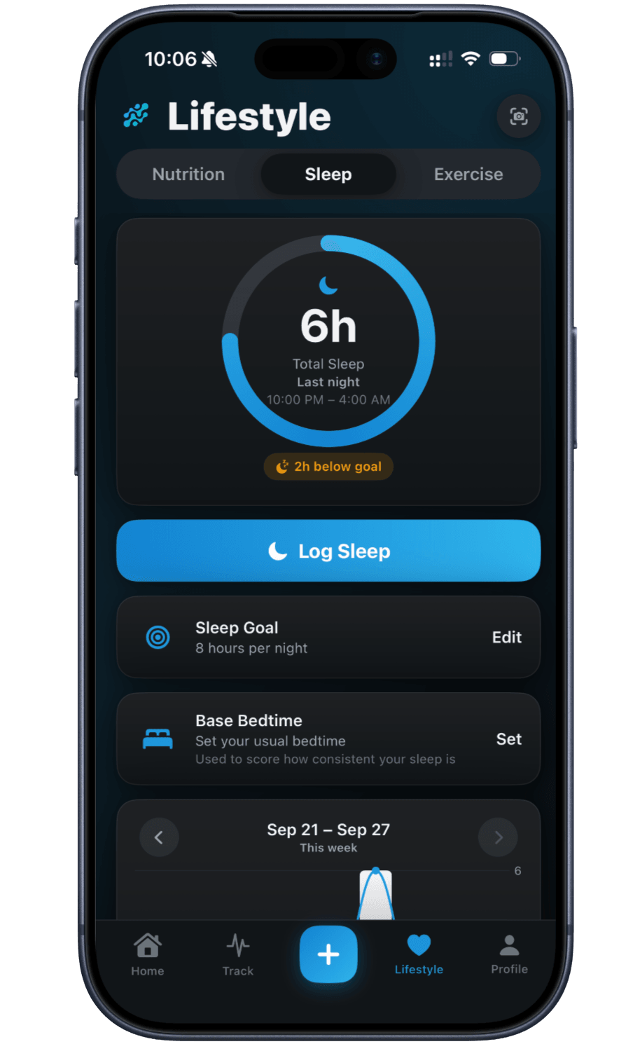 Peptade Lifestyle sleep screen: last night's total sleep against the goal, a sleep goal and bedtime, and the week's sleep