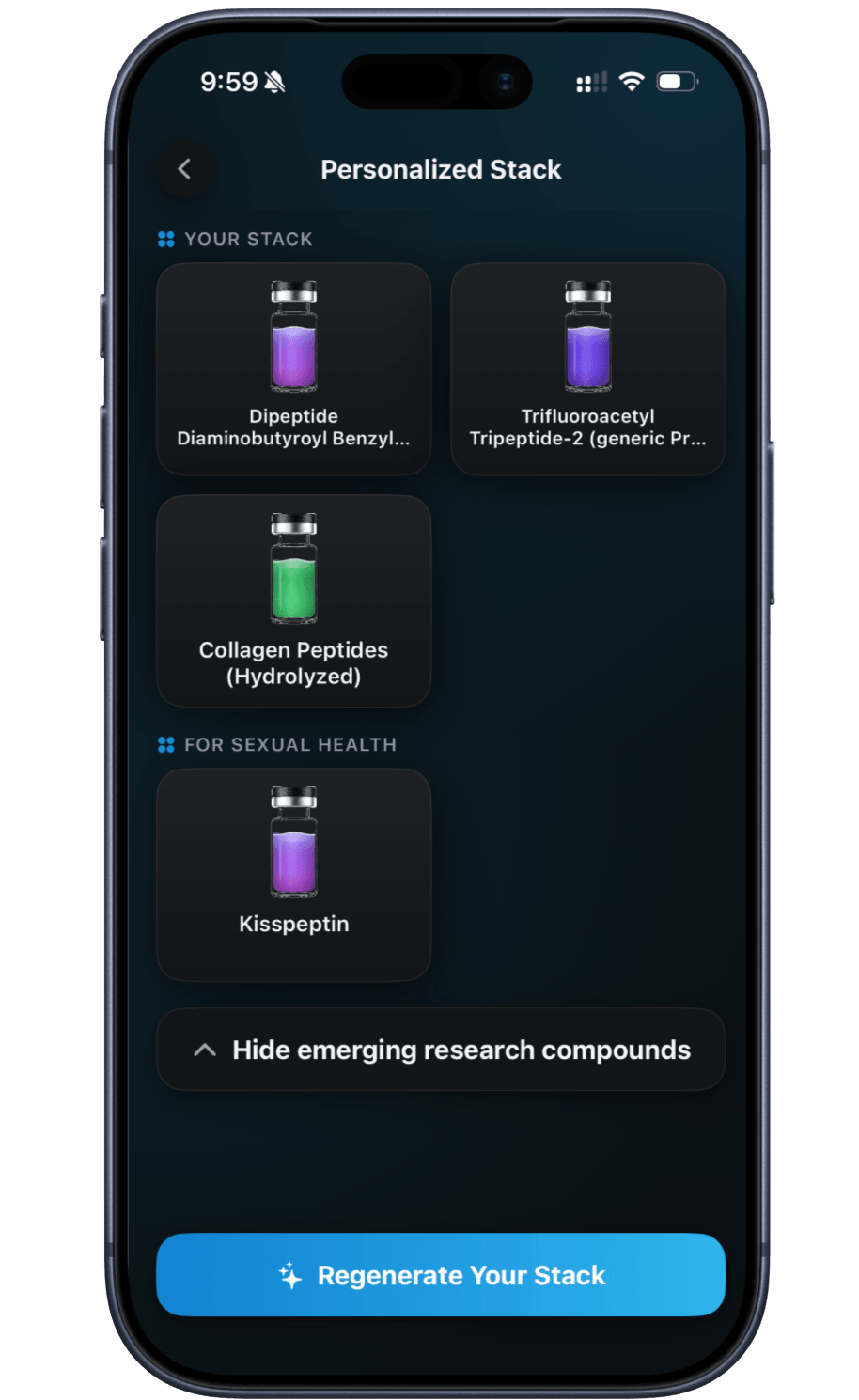 Peptade Personalized Stack screen: compounds matched to your goals and grouped by goal, with a button to regenerate the list