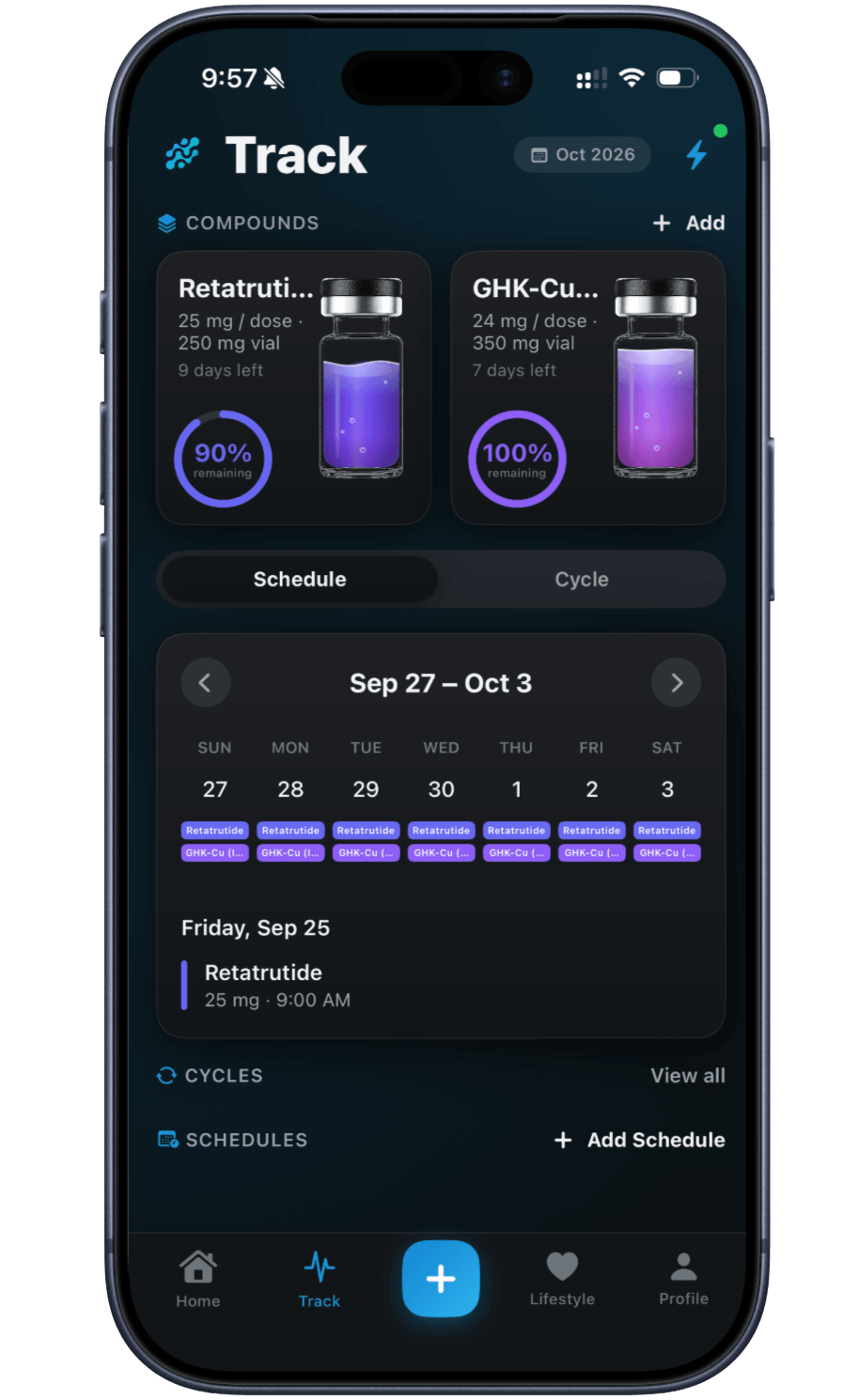 Peptade Track screen: each compound with the supply left in its vial, and a weekly schedule of doses